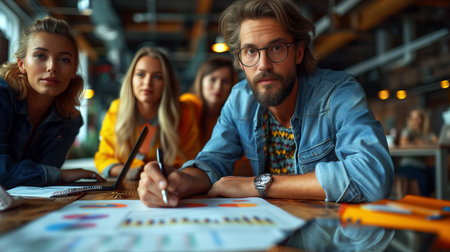 Handsome bearded man in eyeglasses is writing something in notebook while his colleagues are working in the background.の素材