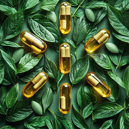 Herbal capsules with green leaves on green background. Top view, flat layの素材