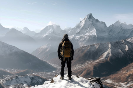 Hiker on the top of a mountain looking at the snow-capped peaksの素材