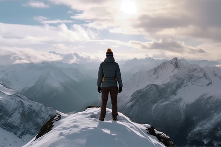 Man standing on top of the mountain and looking at the beautiful landscapeの素材