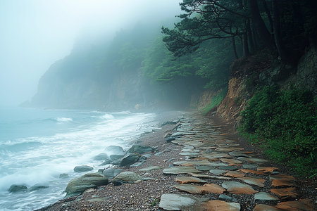 Coastal path in the misty morning. Mountain landscape.の素材