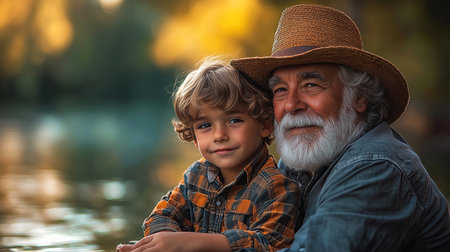 Portrait of a grandfather with his grandson on the river bank.の素材