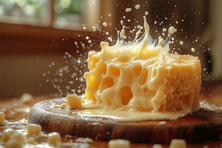 Piece of cheese with milk splash on wooden board, closeupの素材