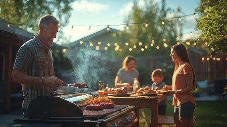 Elderly man preparing food on barbecue grill with family on backgroundの素材