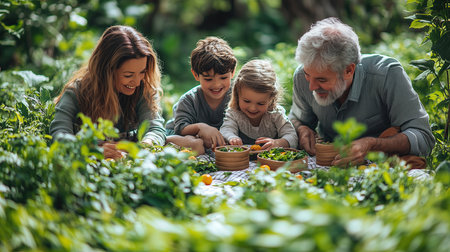 Happy family having fun in the garden. Grandfather, mother and son are picking vegetables.の素材