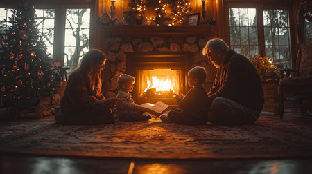 Happy family reading a book in front of a fireplace at home.の素材