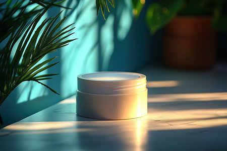 3d render of cosmetic cream jar in sunlight. Beauty product conceptの素材