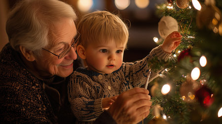 Grandmother and grandson decorating Christmas tree at home. Happy family.の素材