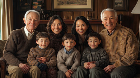 Portrait of happy Asian family sitting on sofa in living roomの素材