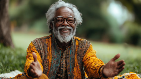 Portrait of senior man meditating in the park. Elderly people and healthy lifestyle concept.の素材