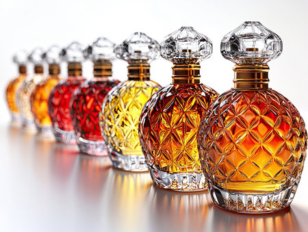 Row of ornate crystal perfume bottles on reflective surfaceの素材