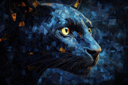 Blue panther portrait in geometric mosaic digital artの素材