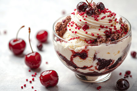 Creamy cherry parfait dessert with layered texturesの素材