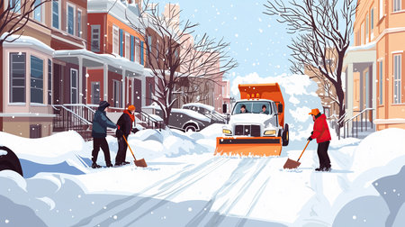 People cleaning street with snowplow. Vector illustration in flat styleの素材