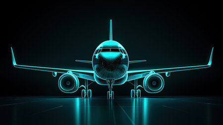 3d rendering of an airplane in blue light on a dark backgroundの素材