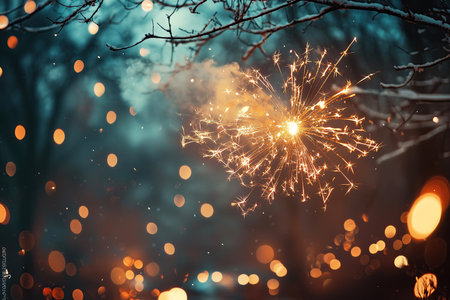 Beautiful firework on the background of the winter forest. New Year's Eveの素材