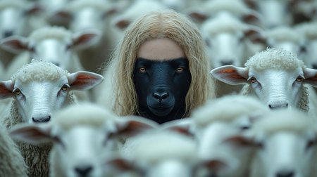 Portrait of a sheep with a black mask on her face.の素材