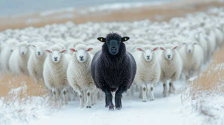 Sheep on a snow covered field in winter, selective focus.の素材