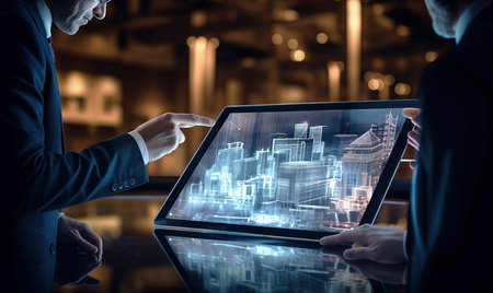 Close up of business people using tablet pc with cityscape hologramの素材