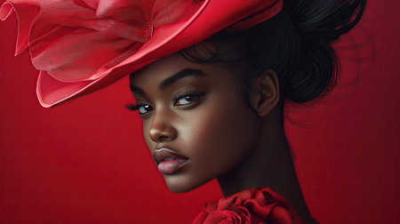 Beautiful young African American woman in red hat with red roseの素材