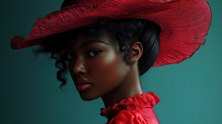 Dramatic close-up of a fashion model in a textured red hat, showcasing elegance and refined beautyの素材