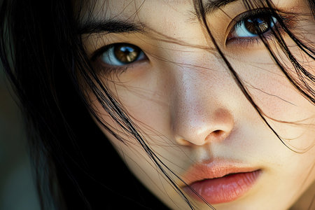 Close up portrait of a beautiful young woman with long black hair.の素材
