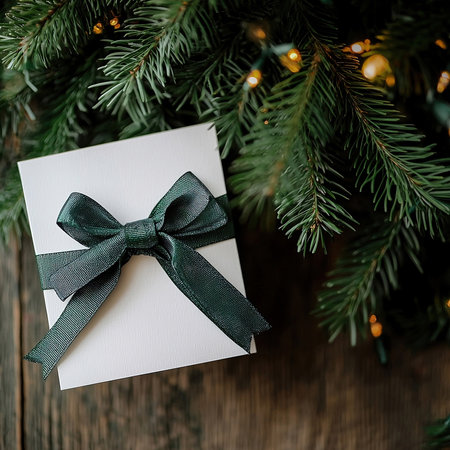 Christmas greeting card mockup with gift box and christmas tree branches on stone backgroundの素材