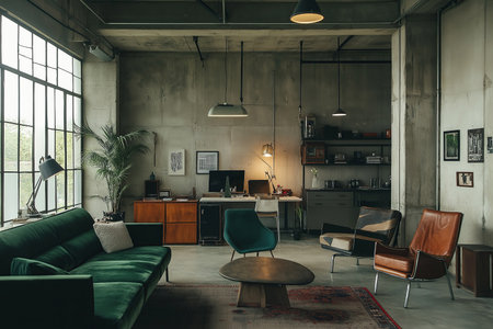 Interior of a loft office with green and brown leather armchairsの素材