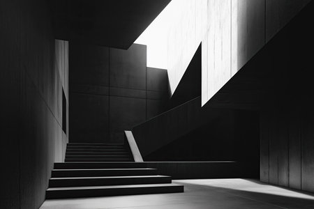 Abstract dark concrete interior with stairs and sunlight. 3D Renderingの素材