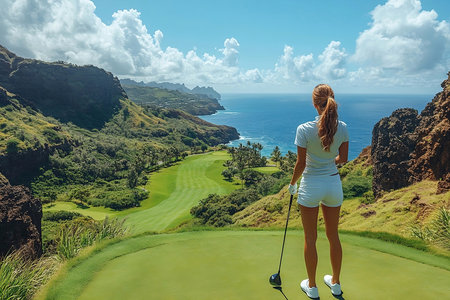 Young woman playing golf on a green golf course in Hawaii, USAの素材