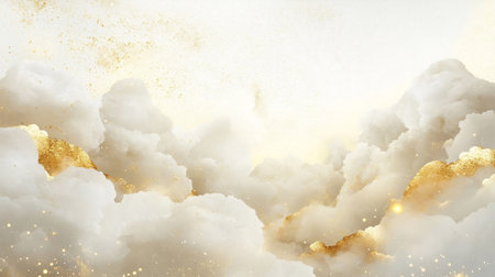 White clouds with golden glitter on white background. 3D illustration.の素材