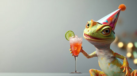 Funny Chameleon with party hat and cocktail on gray backgroundの素材