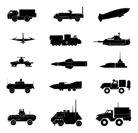 A collection of black silhouette icons featuring various military vehicles and equipment.の素材