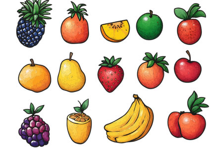 Fruit icons set. Hand drawn illustration of fruits vector icons for web design on a transparent backgroundの素材