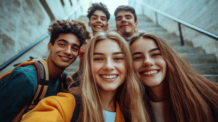 Group of young friends smiling and looking at camera while standing on stairsの素材
