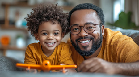Portrait of smiling African American father and son playing with toy airplane at homeの素材