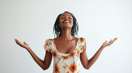 Beautiful african american woman with afro hairstyle posing on white backgroundの素材