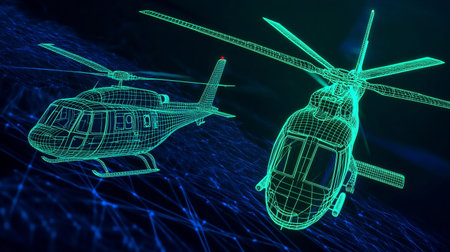 Blue holographic helicopter on dark blue background. 3D Renderingの素材