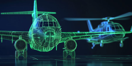 3d rendering of an airplane with wireframe on a blue backgroundの素材
