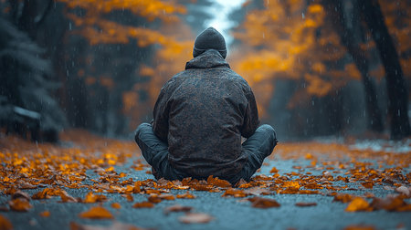 Man sitting on the ground in the autumn forest and looking at the rainの素材