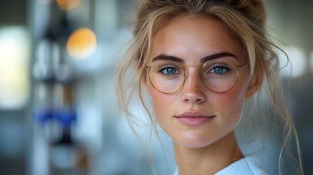 Portrait of a beautiful young woman with blond hair and glasses.の素材