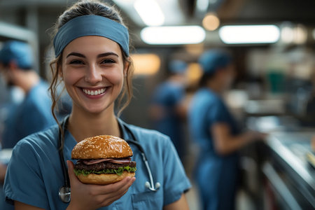 Happy healthcare worker enjoying a meal during breakの素材
