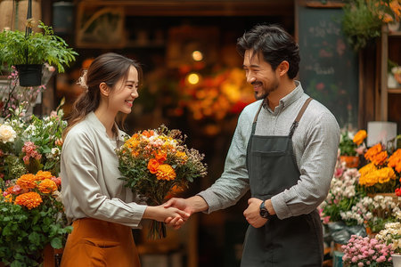 Young asian couple florist and customer shaking hands in flower shopの素材