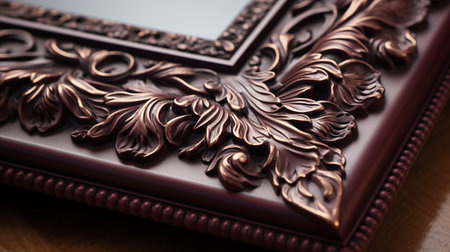 Close-up of a brown wooden picture frame on a wooden tableの素材