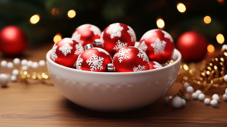 Bowl with red Christmas balls on wooden table, closeup. Space for textの素材