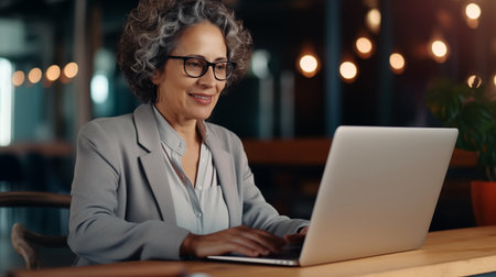 Cheerful businesswoman in eyeglasses using laptop in cafeの素材