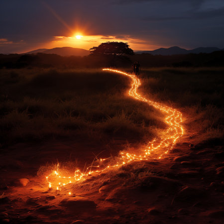Lonely man walking on the road at sunset with light trailの素材