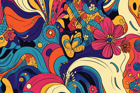 Bright psychedelic illustration with nature-inspired elementsの素材