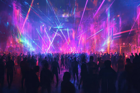Energetic dancers in a neon-lit underground club sceneの素材