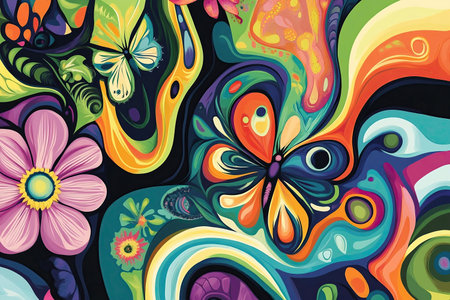 Colorful psychedelic patterns blending with flowers and butterfliesの素材